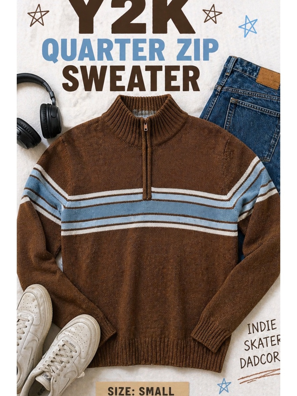 Vintage Brown Striped Quarter Zip Sweater Small Y2K Dadcore